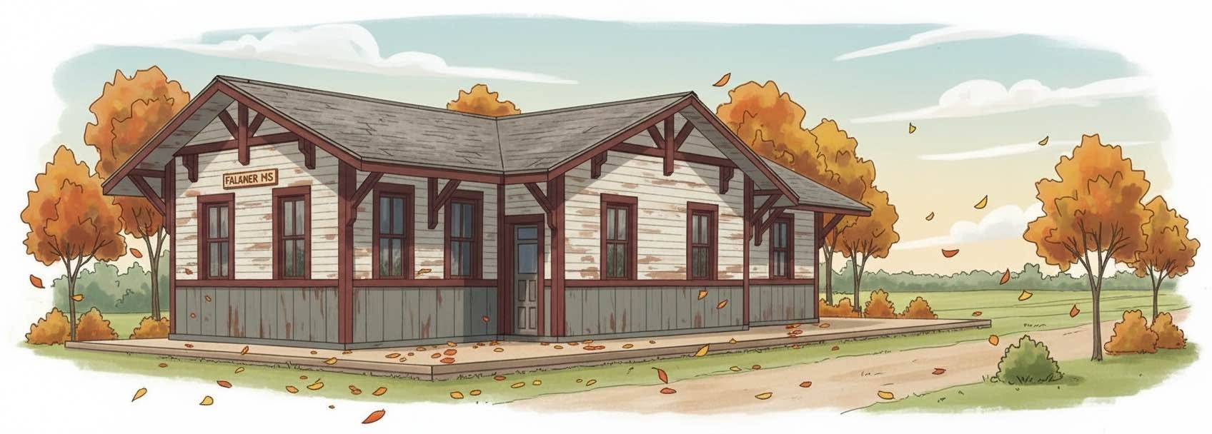Architectural rendering of the planned Falkner Heritage Community Center, designed to replicate the original Falkner Depot.